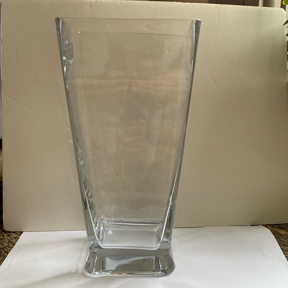 Boho decor. Heavy clear glass square vase.